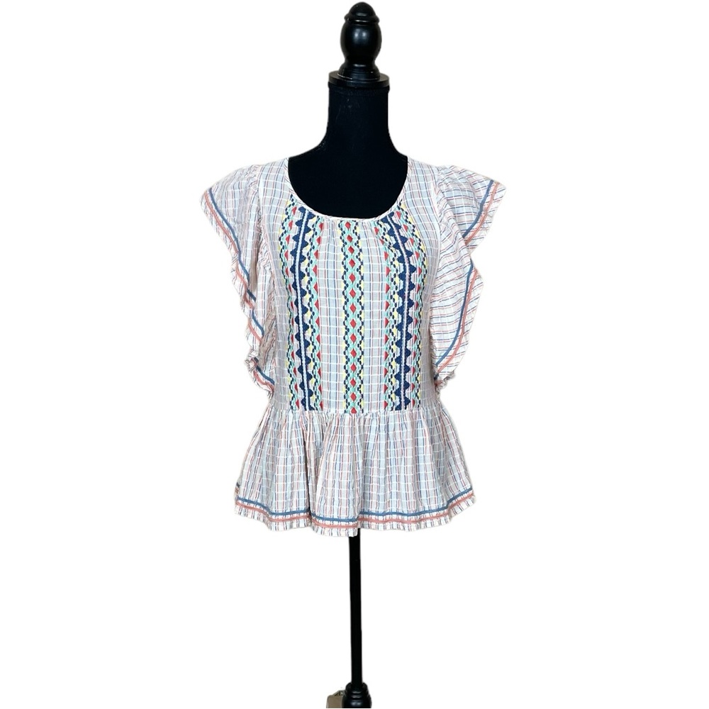 THML White Embroidered Flutter Sleeve Peplum Top